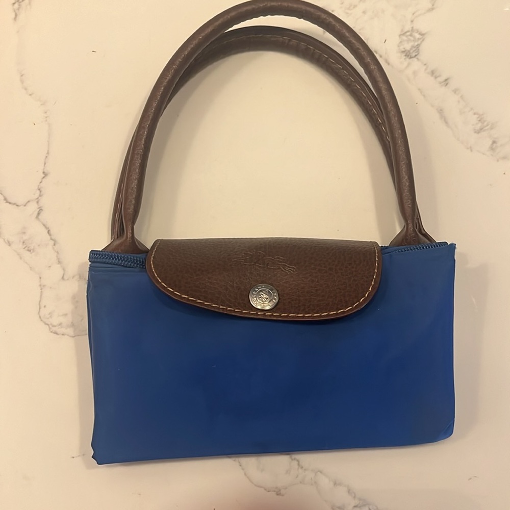 Small Longchamp Blue/Brown Nylon and Leather Le Pliage Tote - Picture 2 of 12